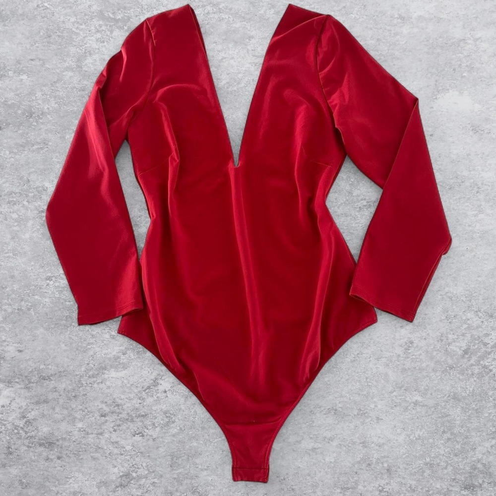 Intimately Free People Deep V Neck Long Sleeve Bodysuit Red Thong Snap